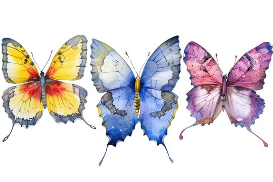 Three butterflies painted in different colors. Suitable for educational materials