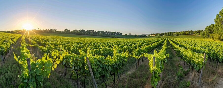 A panoramic view of sloping hills with rows of grapevines under a clear blue sky at sunset