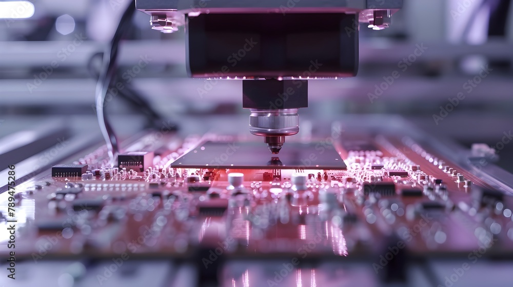 Poster advanced machinery placing tiny components with superhuman precision on pcb