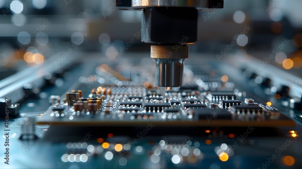 Poster advanced machinery placing components with superhuman precision on high-tech pcb