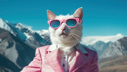 Anthropomorphic cat with a suit and pink shades with blue sky and mountains in the backdrop - obrazy, fototapety, plakaty