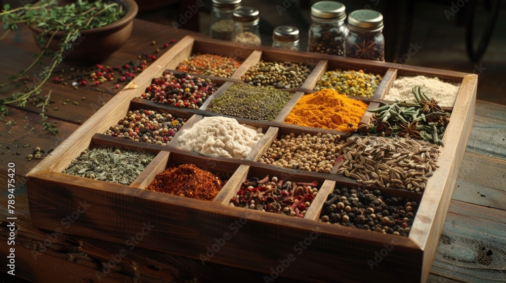 Poster various types of spices stored in a wooden box. ideal for food and cooking concepts
