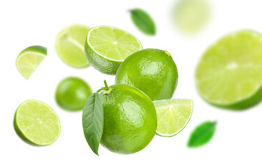 Fresh ripe limes in air on white background