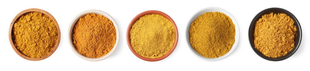 Set of curry in bowls isolated on white, top view