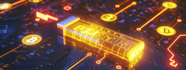 Using a beautiful image of a glowing yellowish USB pendrive as a safe place to keep cryptocurrency, - obrazy, fototapety, plakaty