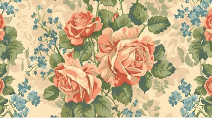 Detailed Rose and Forget-Me-Not Pattern Wallpaper Echoing the Old-World Charm of a Bygone Era