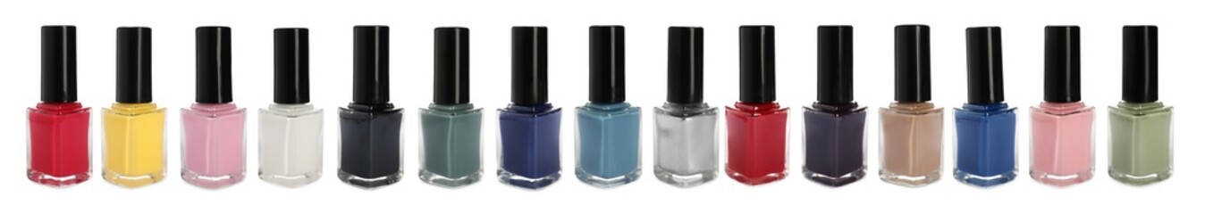 Nail polishes of different colors isolated on white, collection