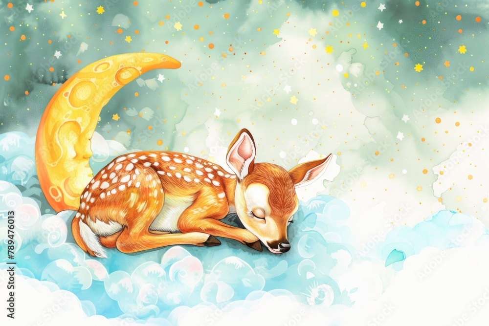 Poster peaceful image of a fawn sleeping on a fluffy cloud, suitable for dreamy or whimsical concepts