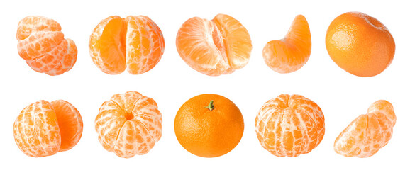 Juicy ripe tangerines isolated on white, set