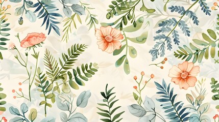 Hand-Painted Retro Floral Wallpaper Pattern Adorning a Vintage Wall with Wildflowers and Ferns