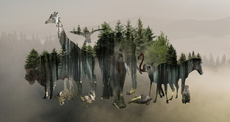Obraz premium Double exposure of wild animals and mountain landscape, banner design
