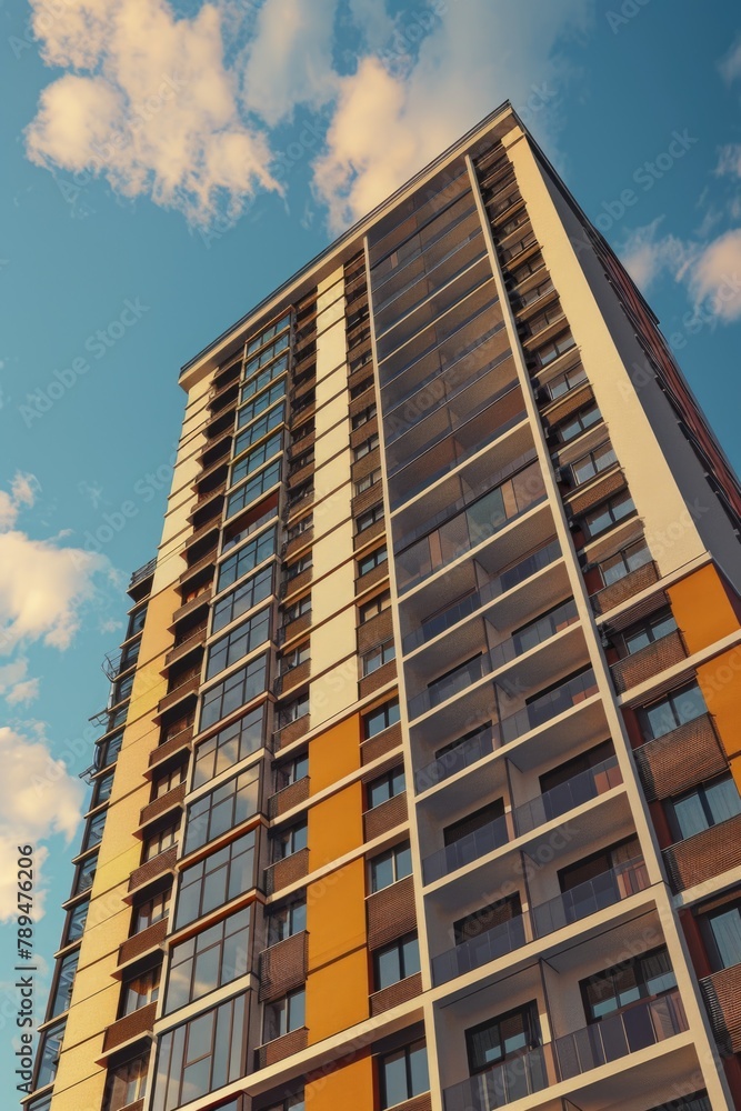 Aufkleber a tall building with numerous windows under clear skies. suitable for architectural and urban design