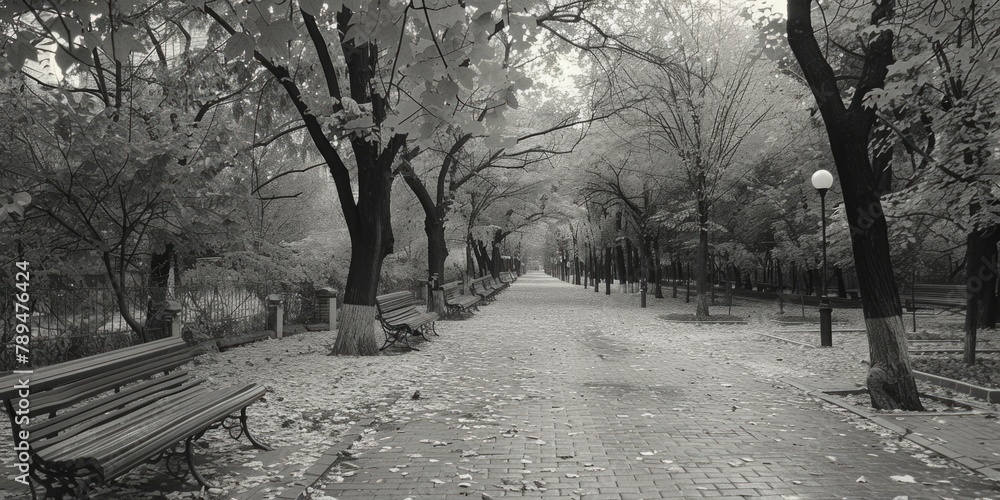 Poster A simple black and white photo of a park bench. Suitable for various design projects