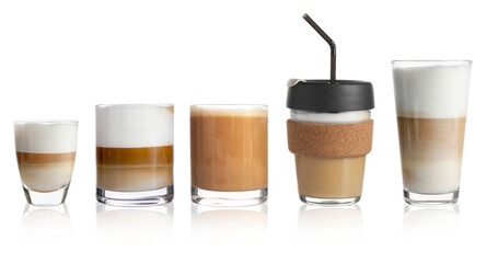 Set of different coffee drinks drinks in cup and glasses on white background