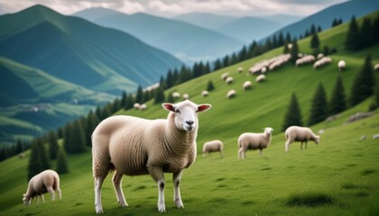 Fototapeta premium Herd of Sheep Grazing on Lush Green Hillside