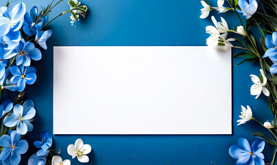 Beautiful work decorated with a blank page and blue flowers on a white marble top view. Copy-space, place for your lettering. 