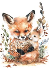 Fototapeta premium Watercolor painting of a mother fox and her baby, perfect for nursery decor