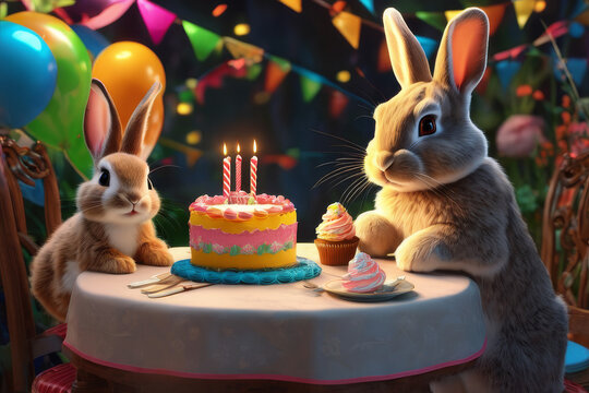 Rabbit family at table with birthday cake - Powered by Adobe