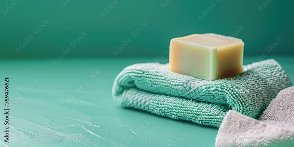 Poster A soap bar placed on a stack of towels. Ideal for hygiene or spa concepts