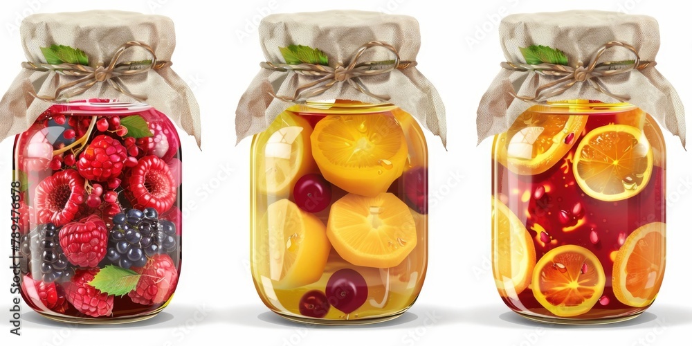 Poster three jars filled with different types of fruit. suitable for food and beverage concepts