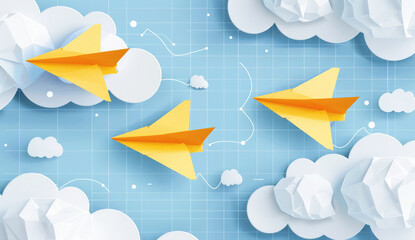 yellow paper airplanes fly on the white grid with simple cloud drawings