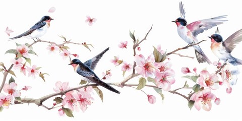 Group of birds sitting on a tree branch. Suitable for nature and wildlife themes