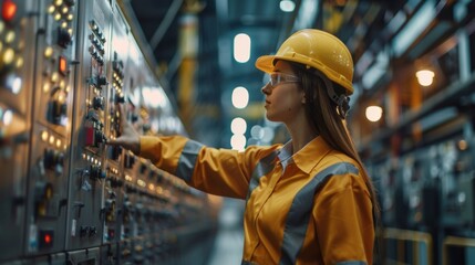 A woman in a hard hat and safety glasses operating an industrial control panel, AI
