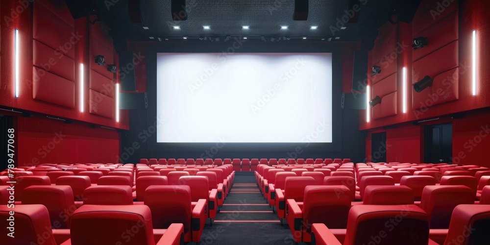 Poster Interior of an empty theater with red seats and a projector screen. Suitable for illustrating concepts of entertainment and cinema