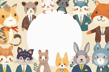 A white circle in the center of an illustration surrounded by cartoon animals wearing business attire.