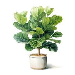 A watercolor painting of a potted Fiddle Leaf Fig plant with lush green leaves.