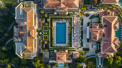 Aerial view of a luxury resort summer holidays Clean blue pool in tropical resort