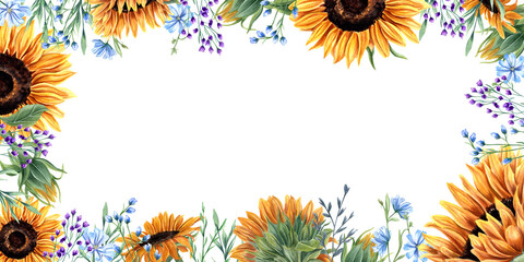 Graphic horizontal frame with sunflowers and abstract meadow plants. Blue, orange yellow flowers. Floral summer composition with copy space for text. Watercolor illustration for birthday cards