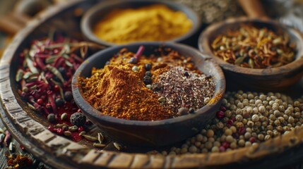 Various spices in a rustic wooden bowl, perfect for culinary projects - obrazy, fototapety, plakaty