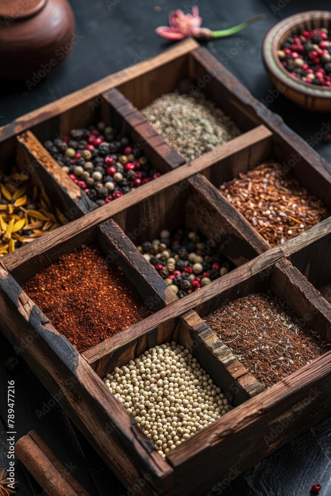 Poster various spices stored in a wooden container. ideal for culinary concepts