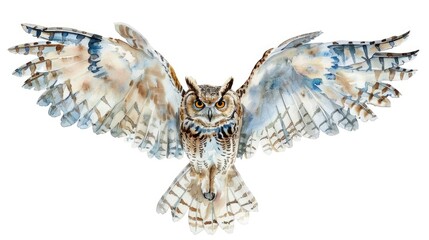 A beautiful watercolor painting of an owl in mid-flight. Perfect for nature lovers and bird enthusiasts