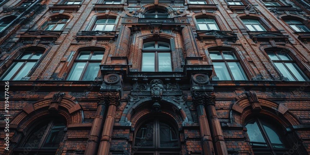 Aufkleber A tall brick building with a clock on the front. Ideal for architectural projects