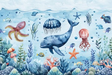 Colorful underwater scene, perfect for educational materials - obrazy, fototapety, plakaty
