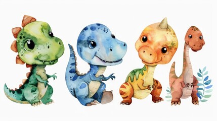 Colorful watercolor illustration of a group of dinosaurs sitting together. Ideal for educational materials or children's products - obrazy, fototapety, plakaty