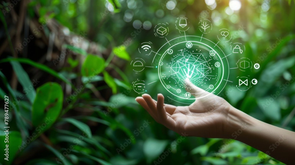 Poster on a nature background, fingers touch with environment icons over a network connection.