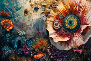 A colorful painting of a flower with a large eye in the center. The painting is full of vibrant colors and has a whimsical, playful feel to it