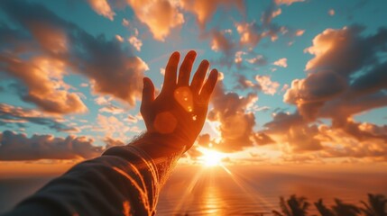 A person reaching out to the sun with their hand, AI - Powered by Adobe