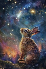 Cute rabbit gazing at the stars, perfect for children's books or educational materials - obrazy, fototapety, plakaty