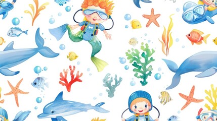 A child in a diving suit surrounded by marine animals. Ideal for educational materials