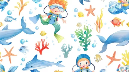 Crédence de cuisine en verre imprimé Vie marine A child in a diving suit surrounded by marine animals. Ideal for educational materials