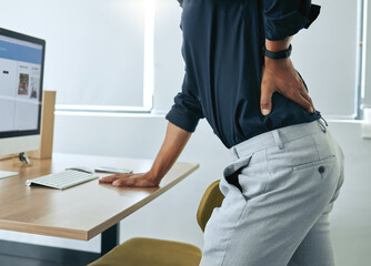 Stress, body or businessman with back pain injury, fatigue or burnout in workplace, office or...