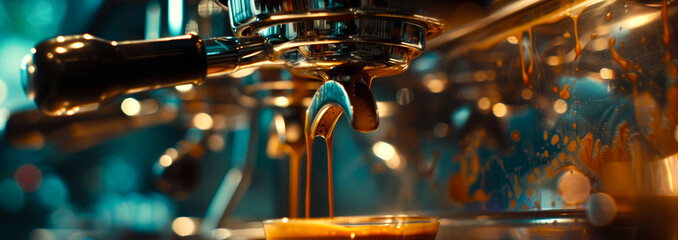 Close up of coffee machine, coffeemaker, in the process preparing coffee with cup. Professional equipment for Coffee Shop or restaurant. Cozy ambience of restaurant. Generative ai