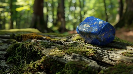 Lapis lazuli in an ancient forest, placed on an old, mosscovered log, mystical and historical