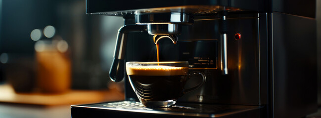 Close up of coffee machine, coffeemaker, in the process preparing coffee with cup. Professional equipment for Coffee Shop or restaurant. Cozy ambience of restaurant. Generative ai - obrazy, fototapety, plakaty