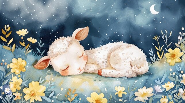 A peaceful scene of a sheep sleeping in a beautiful field of flowers. Perfect for nature lovers and animal enthusiasts