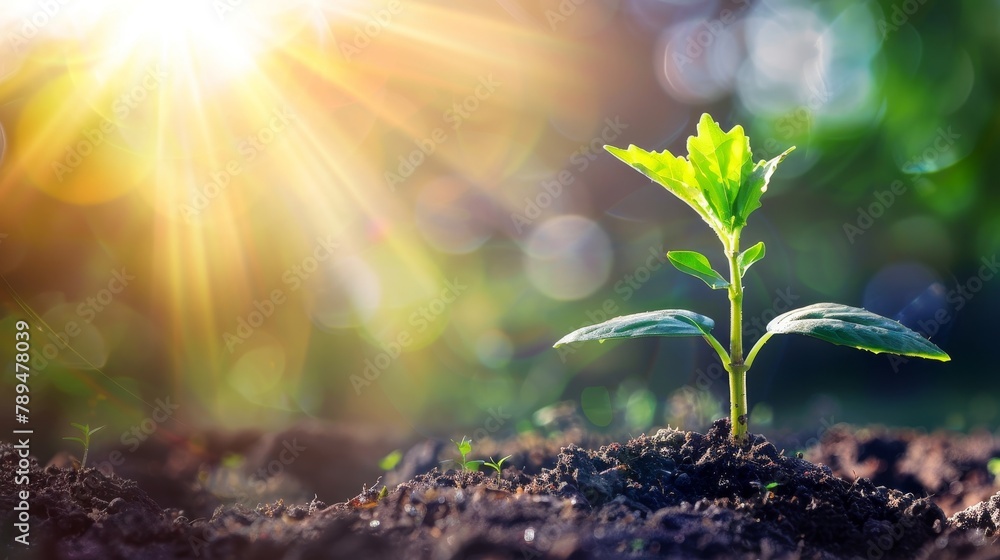 Poster An emerging plant growing in the sunlight. An environment and ecology concept. A sustainable, renewable resource.